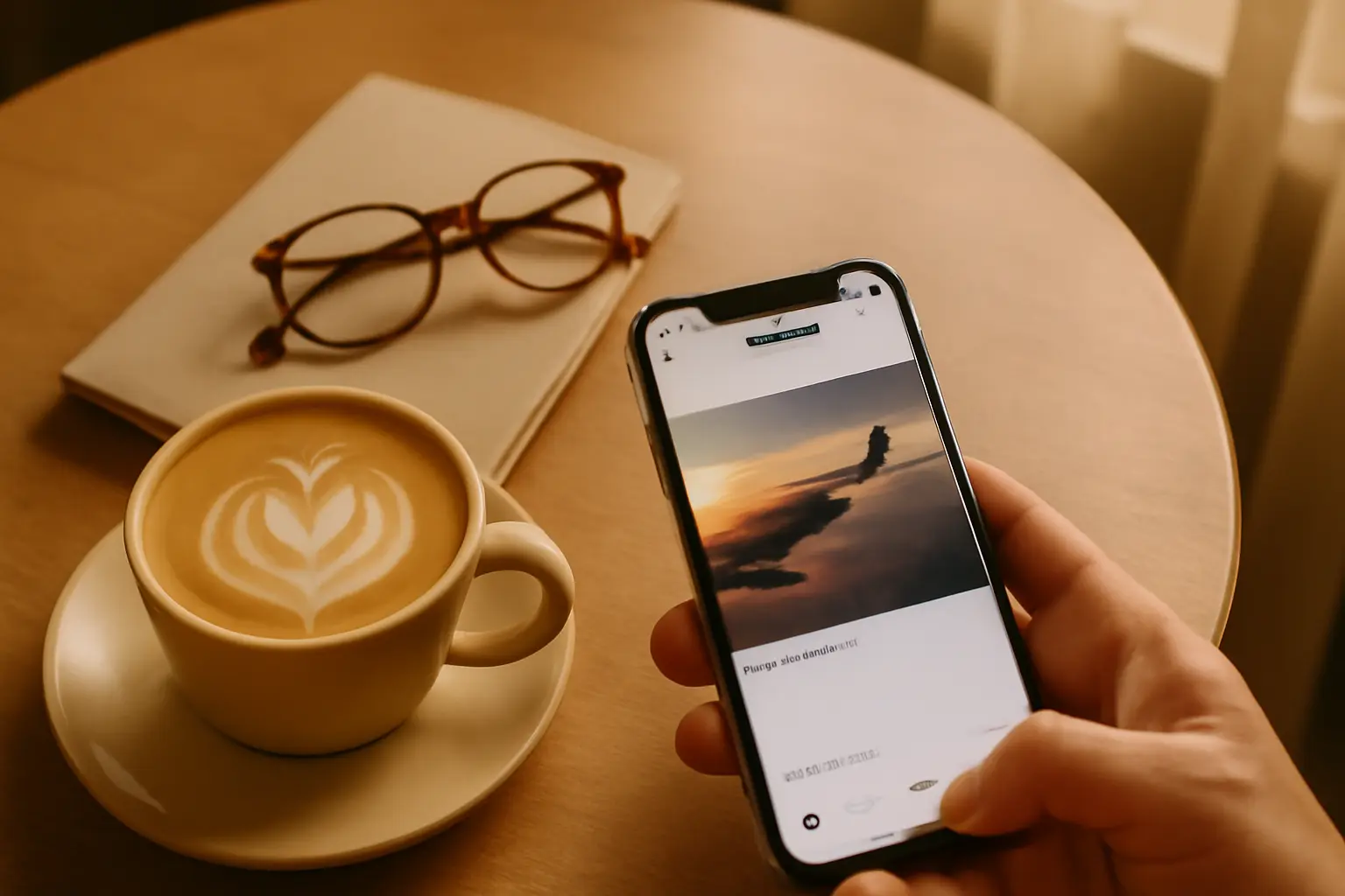 Latte with art on a small café table beside a notebook and phone in soft window light, styled for an aesthetic coffee Instagram photo.