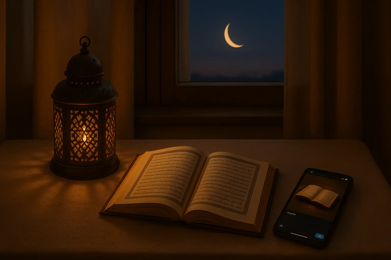Neutral-toned Ramadan scene with lantern, crescent moon, Qur’an, and phone on a table.