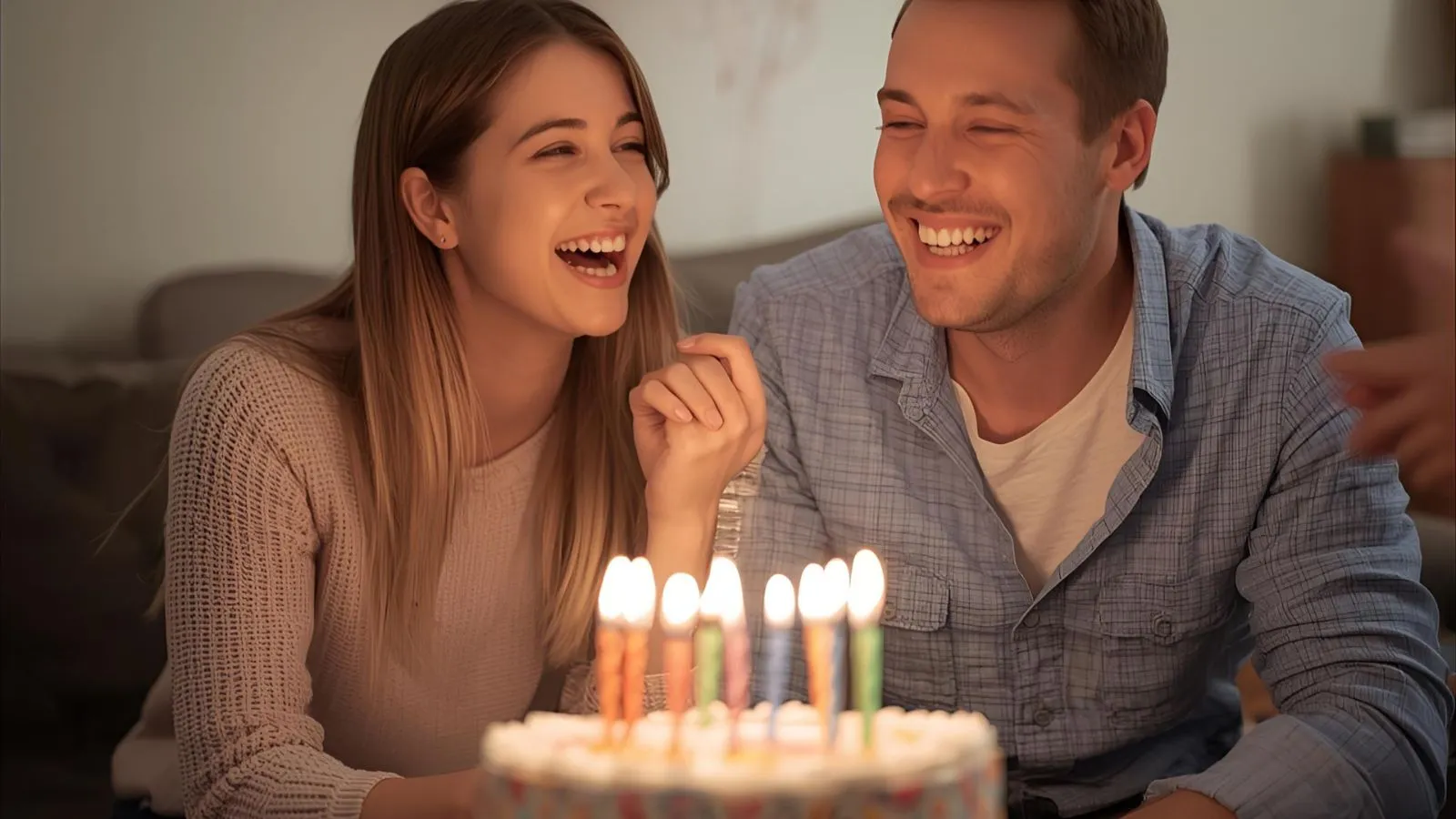 Two siblings smiling over a cake with candles during a casual birthday at home.
