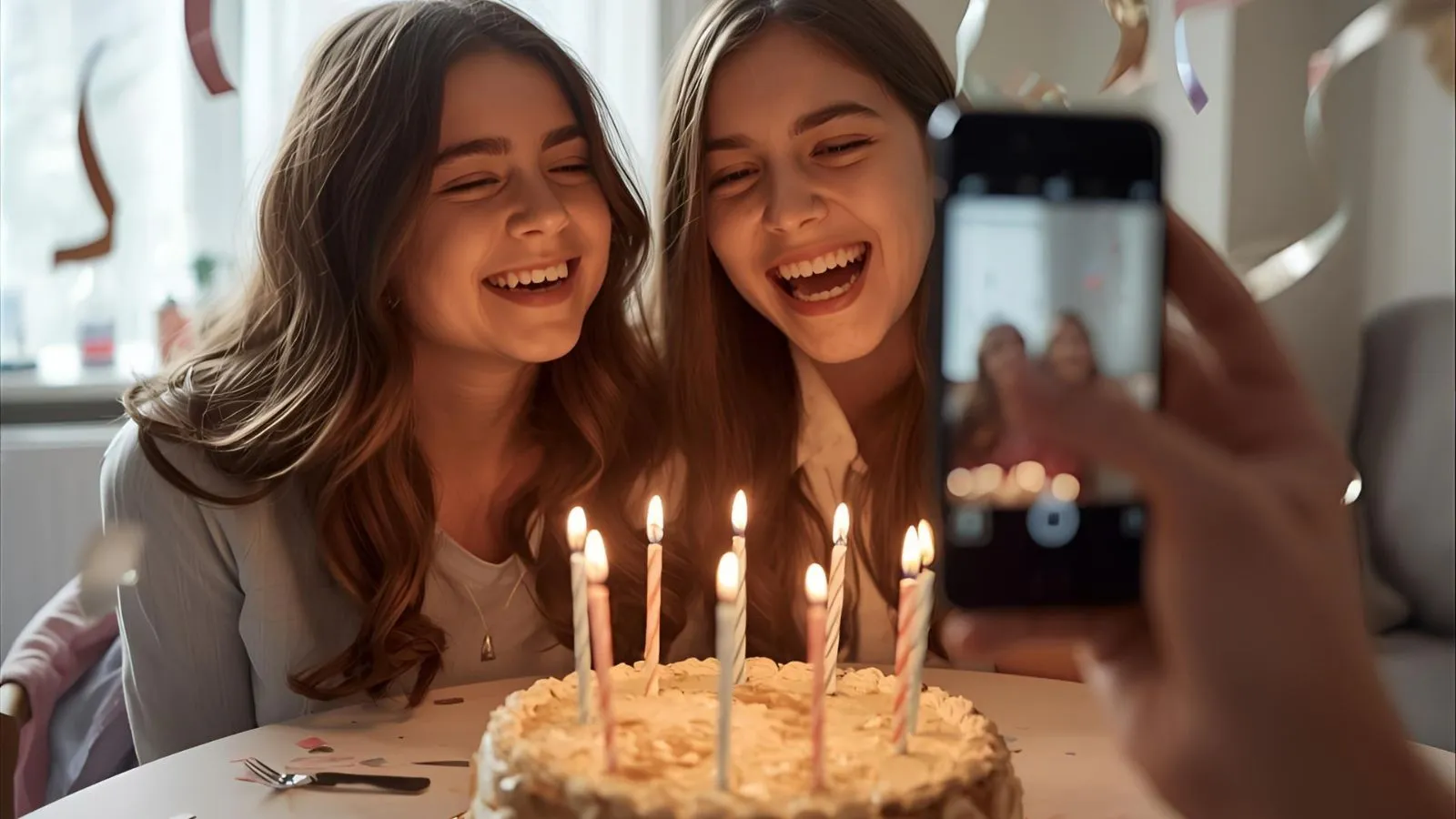 Two sisters laughing over a birthday cake and confetti while posting a caption.