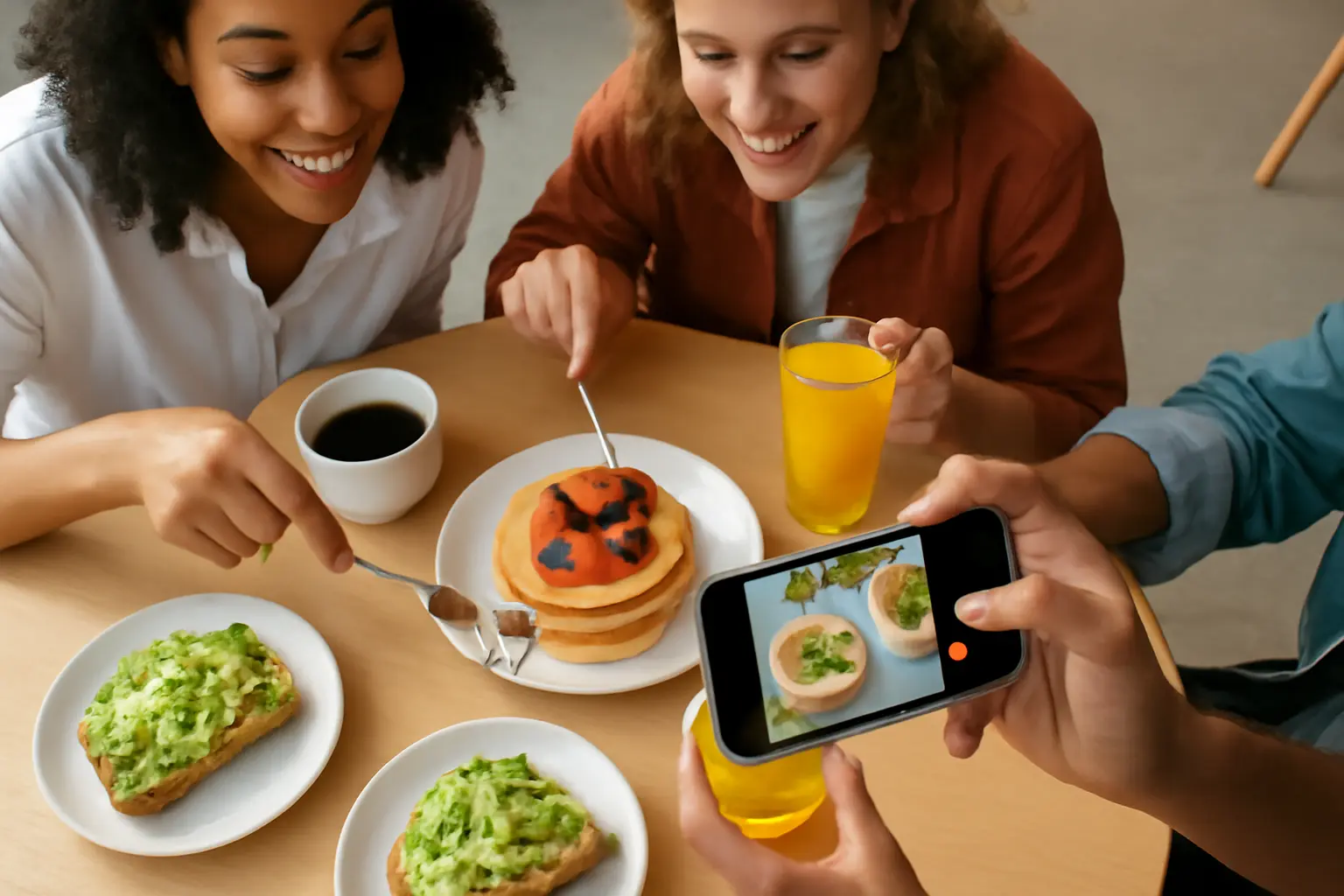 Friends reaching for food and phones around a colorful brunch table in a café.