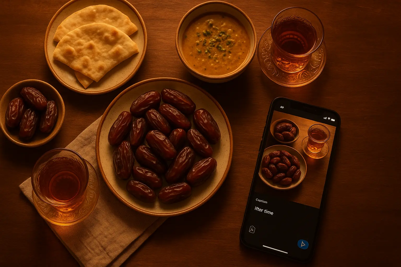 Iftar table with dates, tea, and a phone showing an Instagram caption being typed.