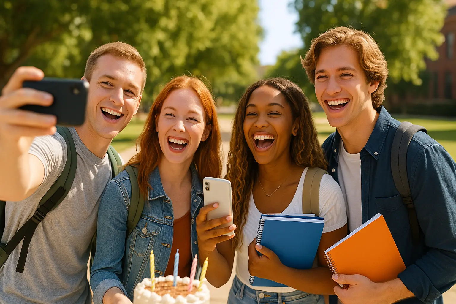 Group of college students laughing together on campus while taking an Instagram photo.