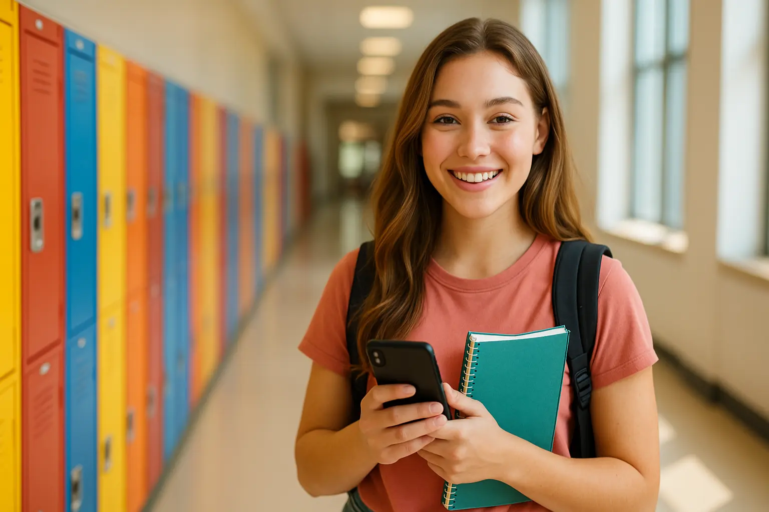 Smiling student with backpack in a school hallway on the first day of school.