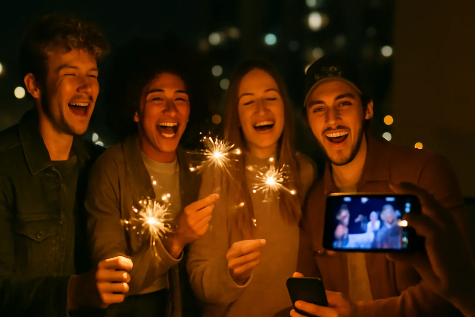 Group of friends laughing with sparklers on a city balcony, filming the New Year countdown on their phones.