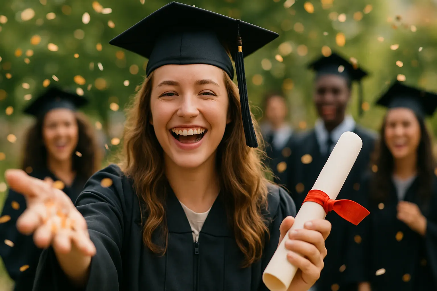 Graduate in cap and gown holding a diploma and celebrating with friends.