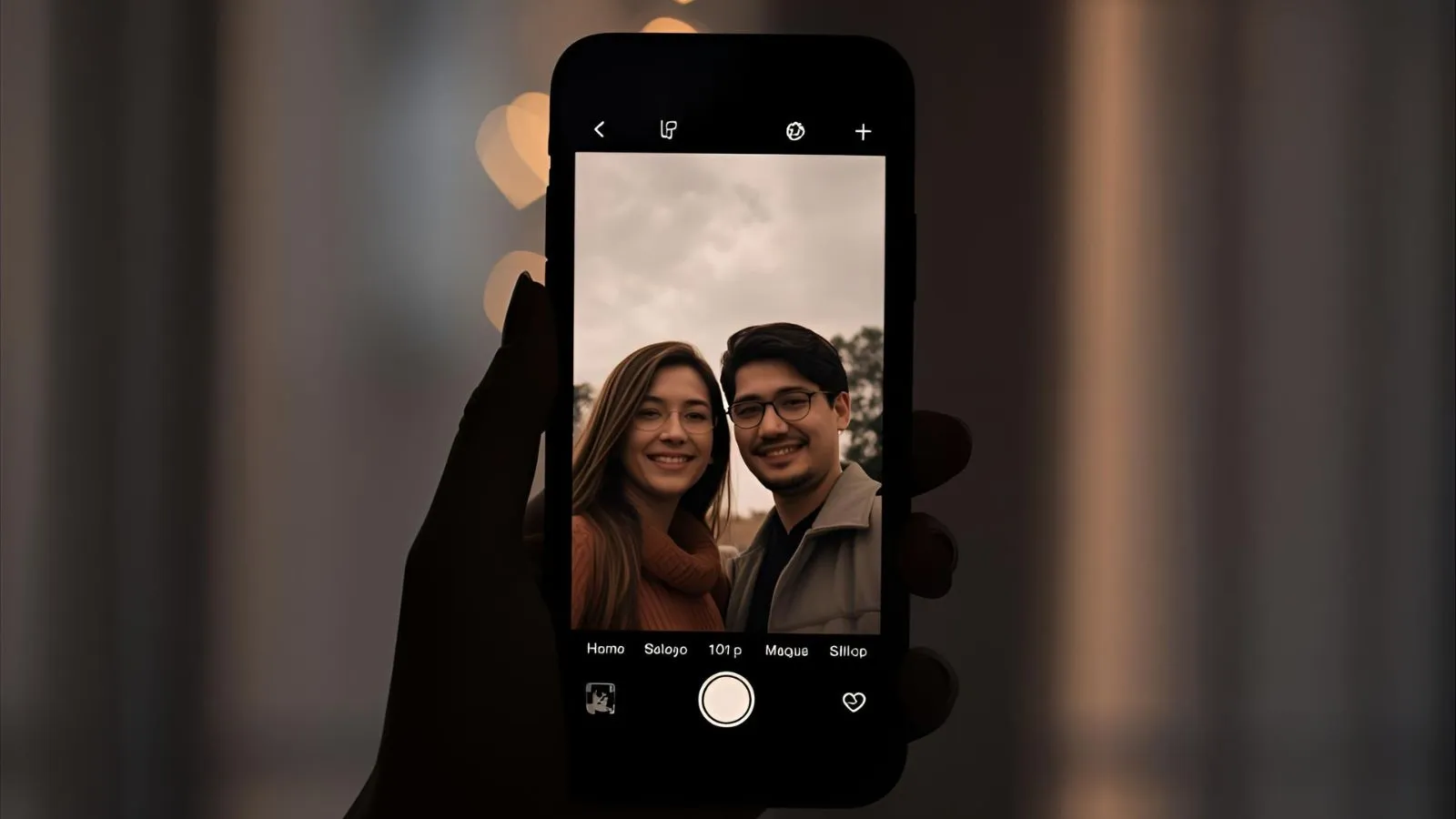 Phone displaying a couple selfie with warm heart bokeh in soft morning light.