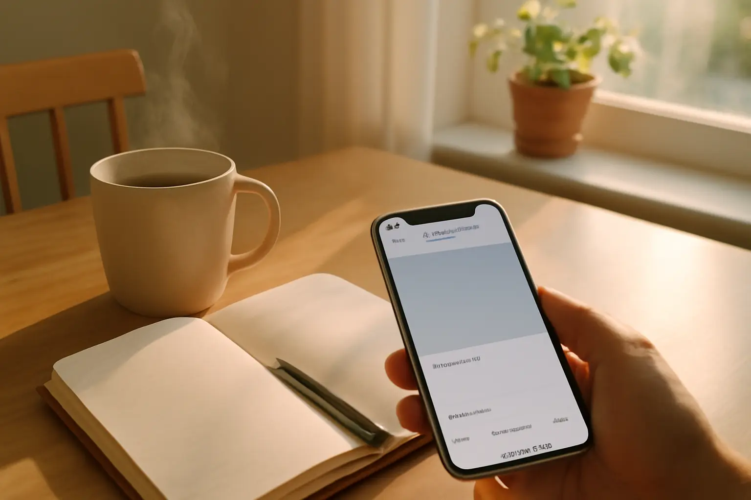 Steaming mug of morning coffee beside a phone open to an Instagram caption screen in soft sunlight.