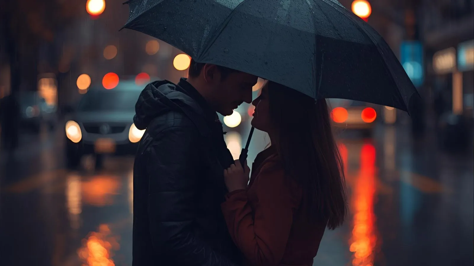 Couple sharing an umbrella on a rainy city street with romantic reflections.