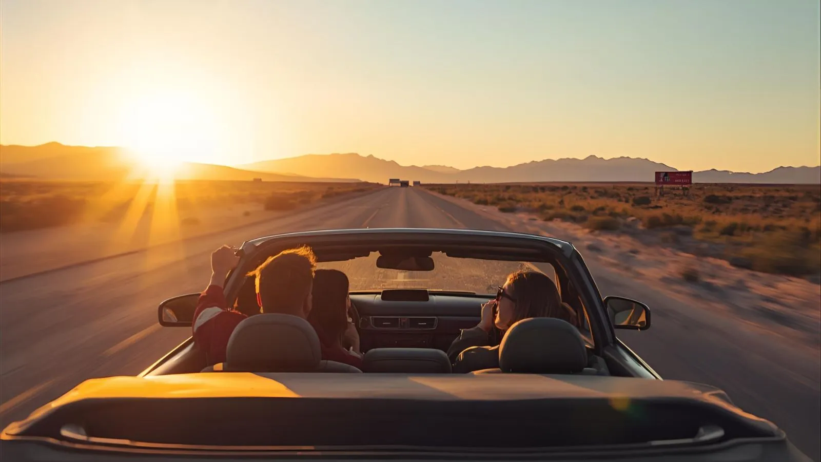 Car on an open highway at sunset with friends inside, perfect for road trip Instagram captions.
