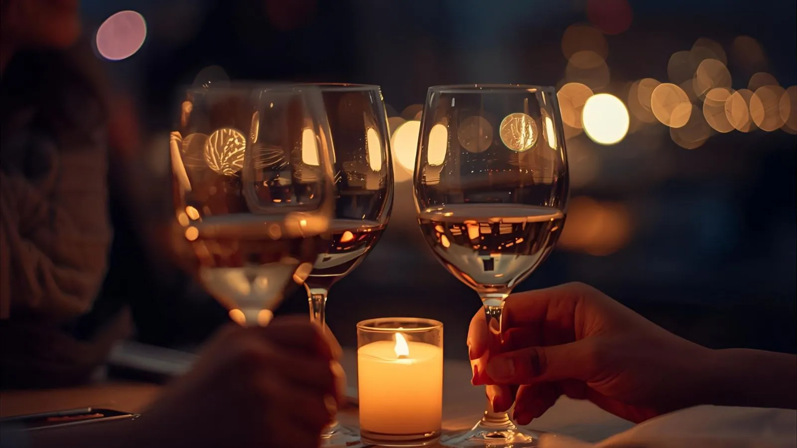 Candlelit restaurant table for two with wine and holding hands.