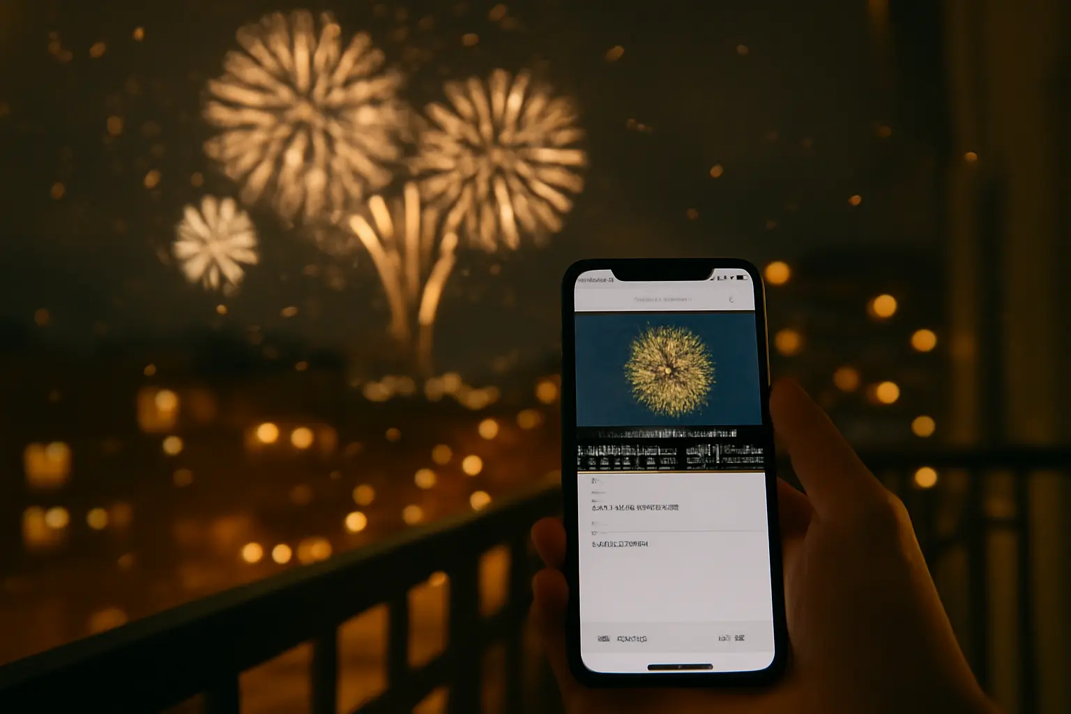 Person holding a phone with a New Year Instagram post draft while fireworks light up the city.