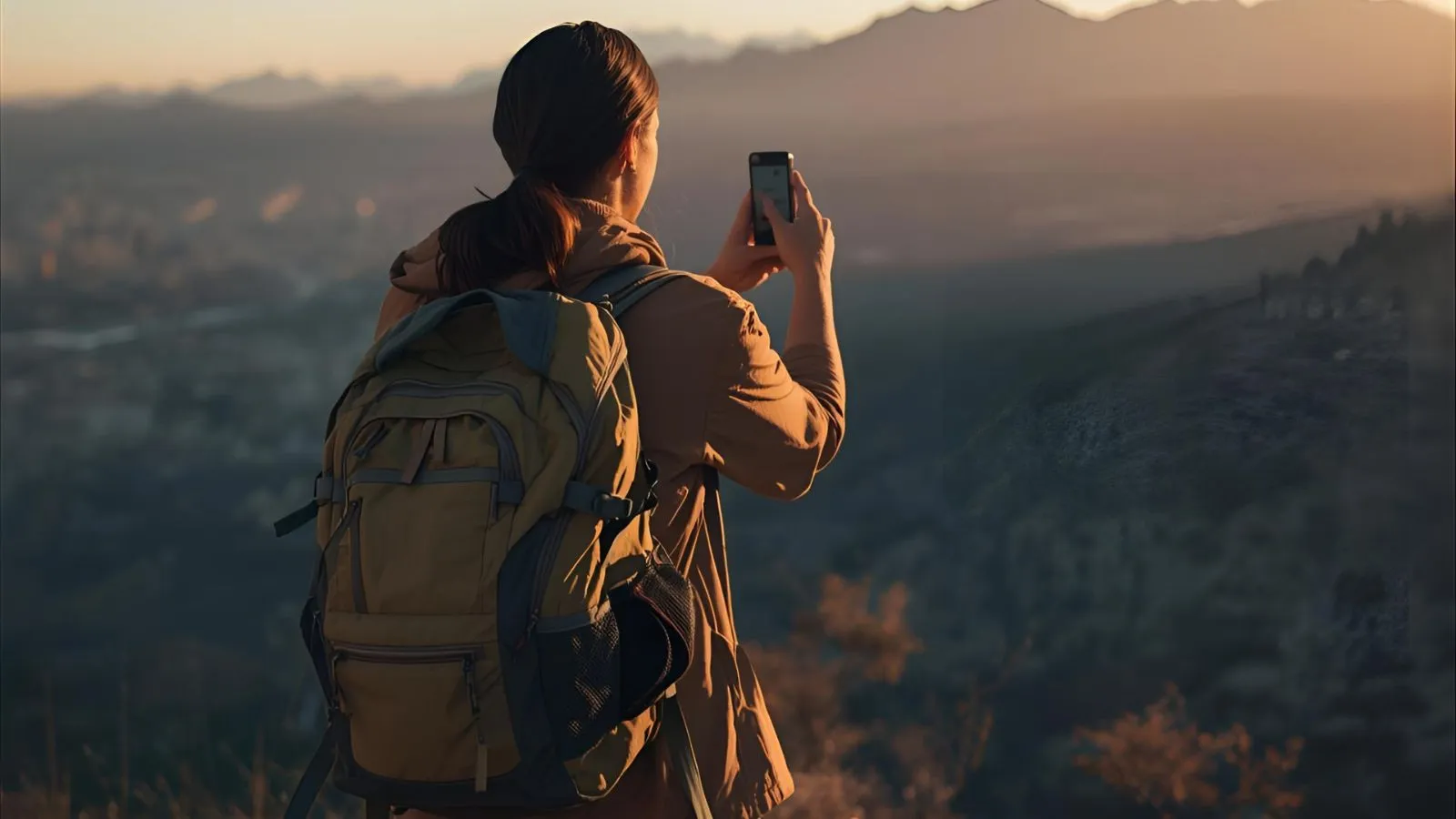 Solo traveler with backpack taking a photo from a cliff at sunset overlooking city and mountains.