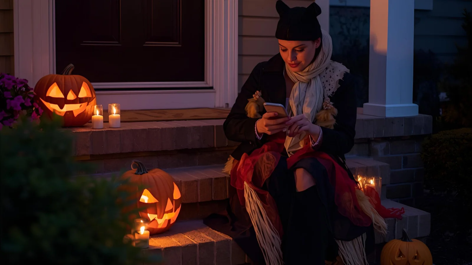 Doorstep jack-o-lanterns and quick DIY costume pieces at dusk.