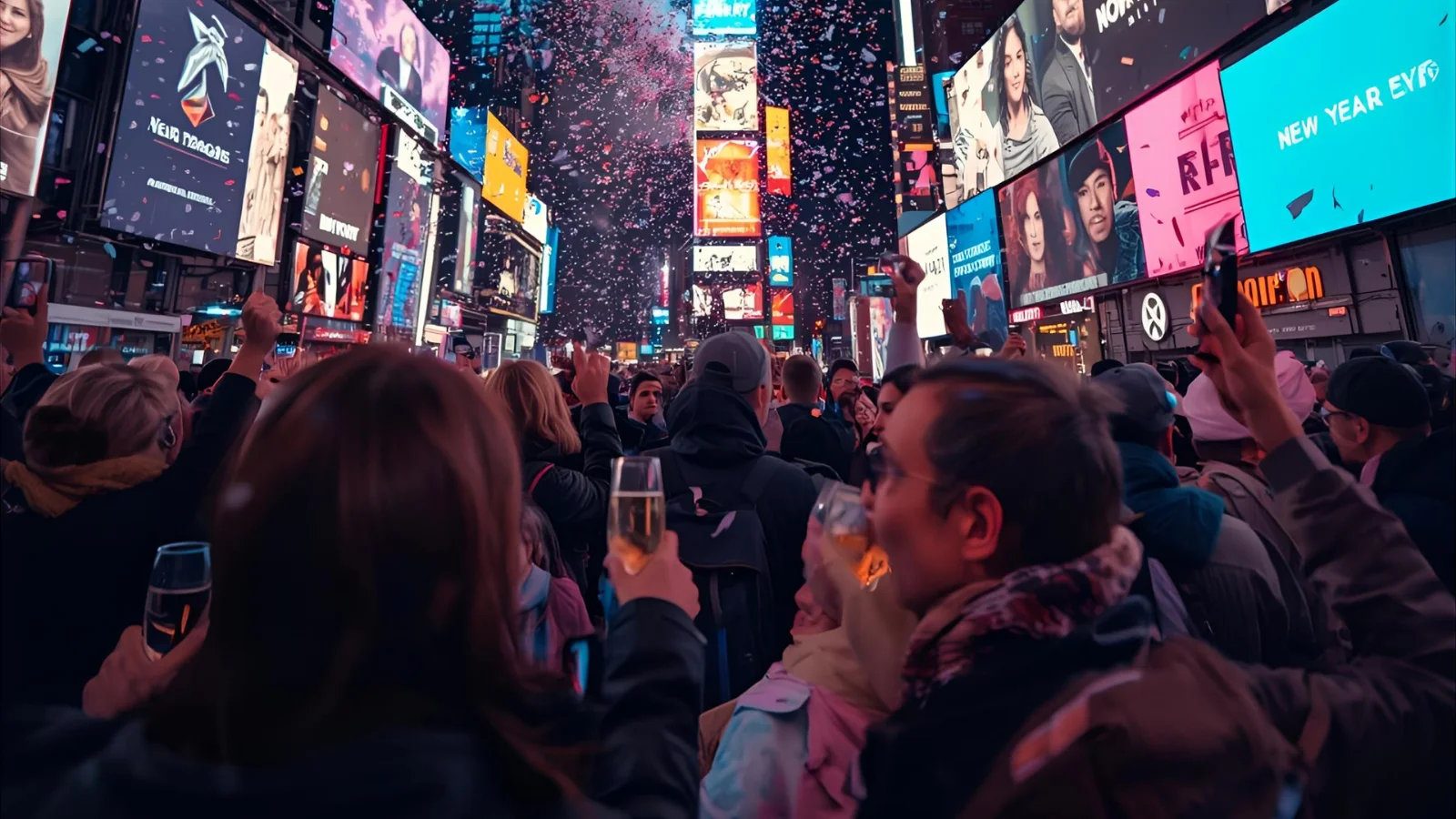 Times Square confetti and fireworks at midnight on New Year’s Eve