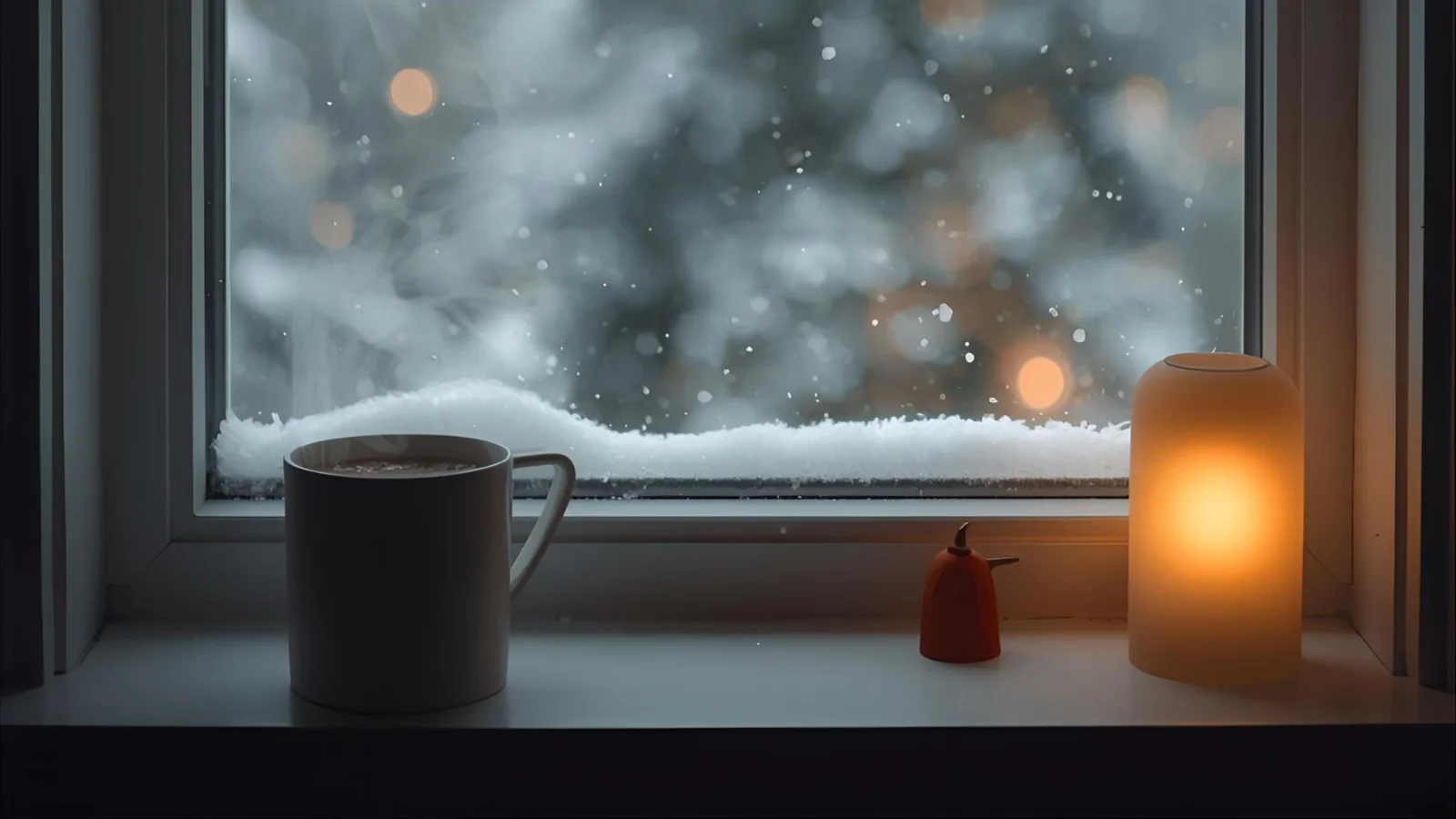 Steaming cocoa by a window with snowfall outside for a cozy snow-day vibe.
