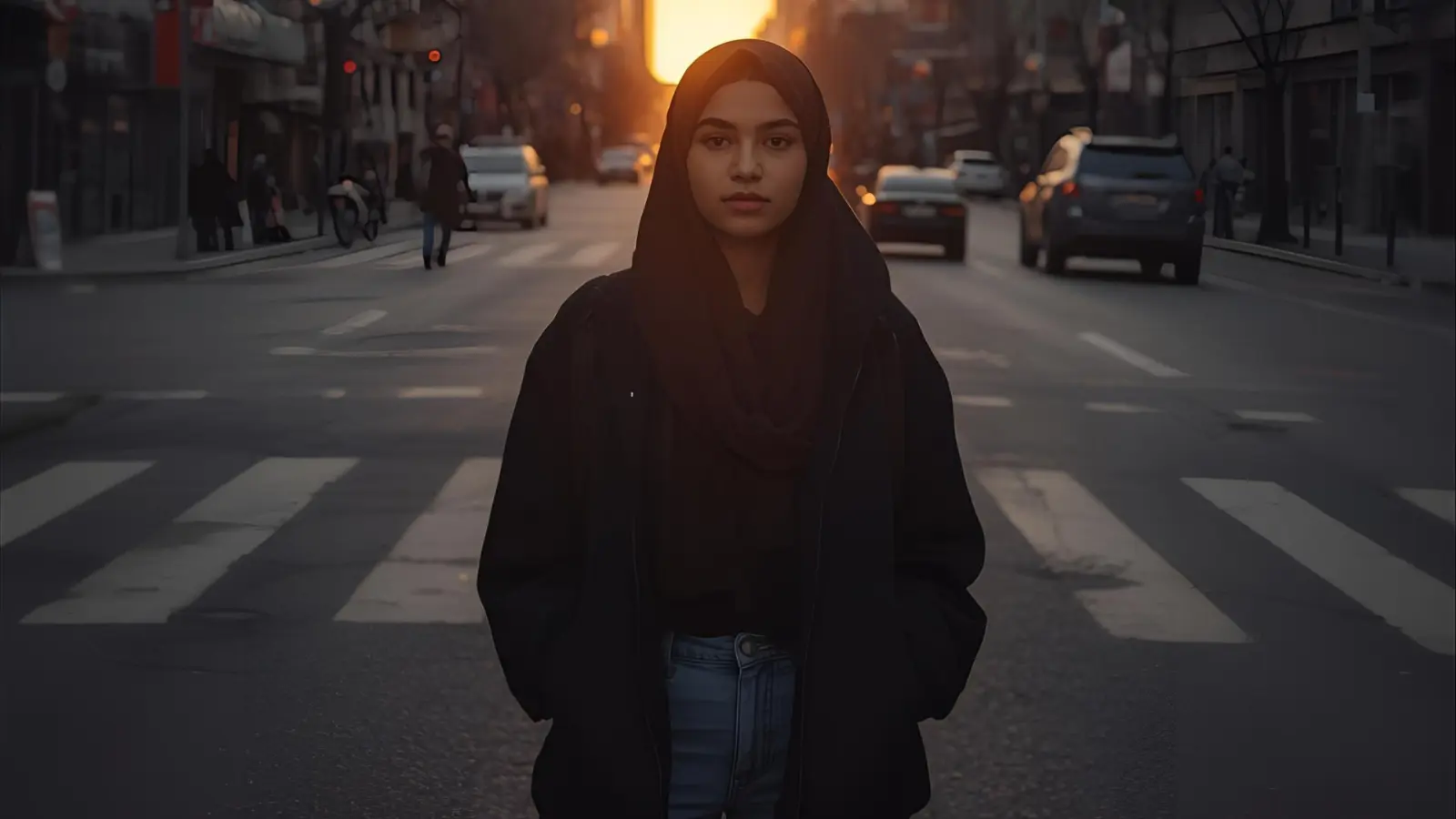 Confident person standing on a city street at sunset with tall buildings behind them.