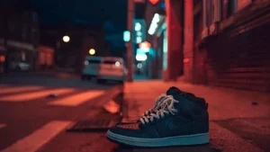 Flatlay of sneakers, heels and boots on a concrete floor in soft natural light.