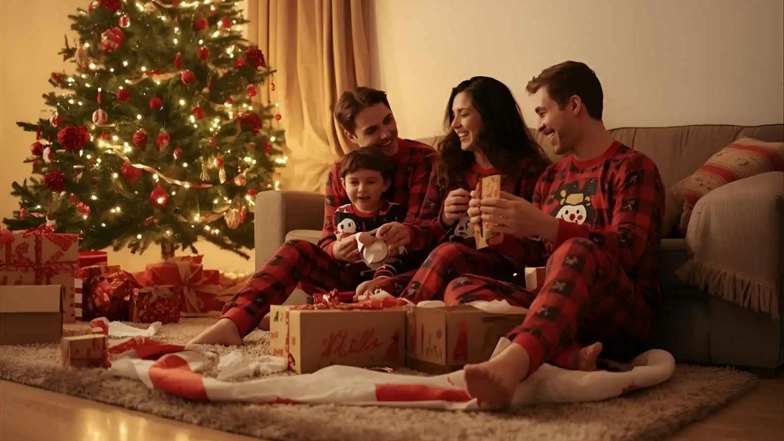 Family in Christmas pajamas opening gifts under a lit tree with wrapping paper scattered on the floor.
