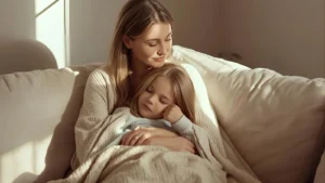 Mother gently hugging a child on a cozy couch in soft natural light.