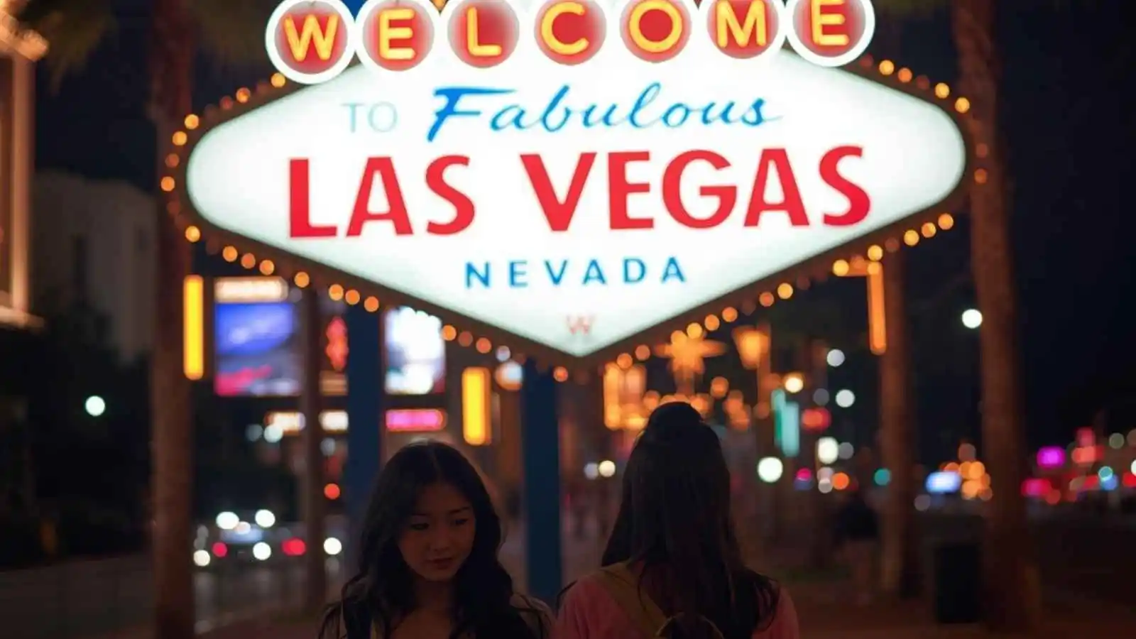 The Welcome to Fabulous Las Vegas sign lit up at night with neon lights and people walking along the Strip.