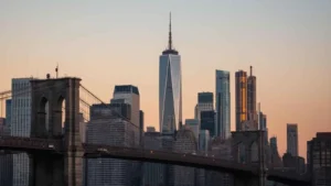 Golden-hour New York City skyline with a bridge in the foreground.