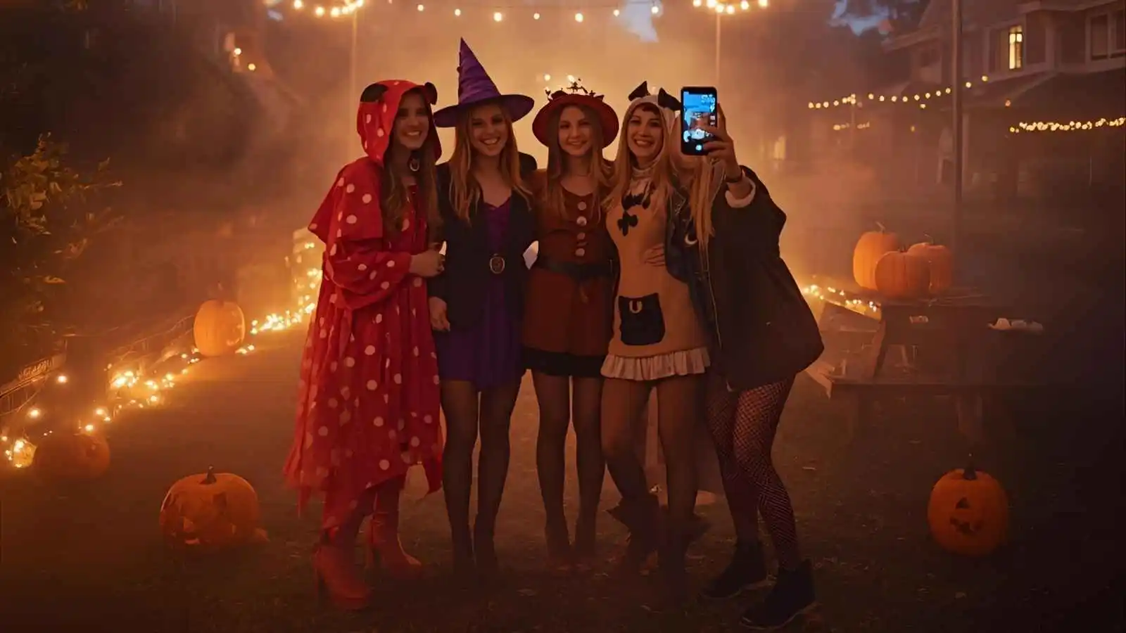 Friends in Halloween costumes posing for a spooky season Instagram photo in a fall neighborhood.