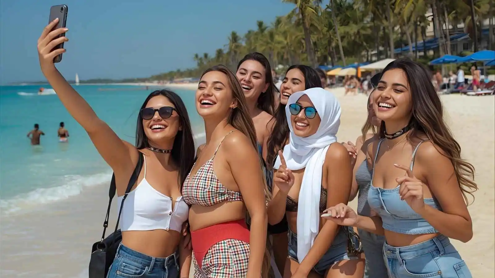 Group of friends posing for fun spring break beach photos by the ocean.