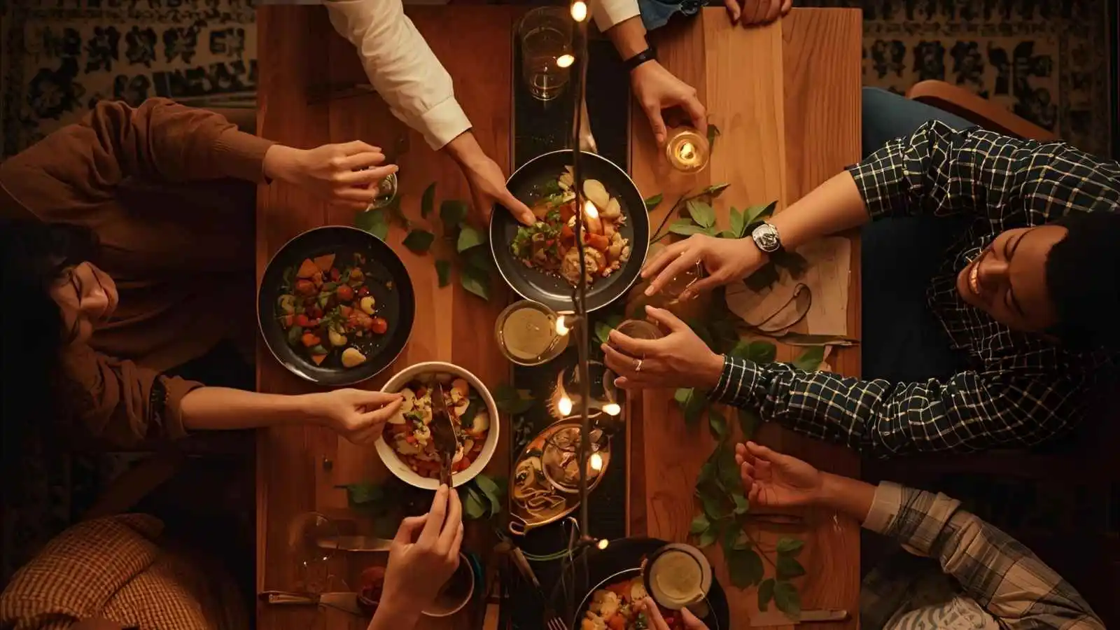 Friends laugh around a cozy dinner table under string lights, sharing food with warm, grateful smiles.