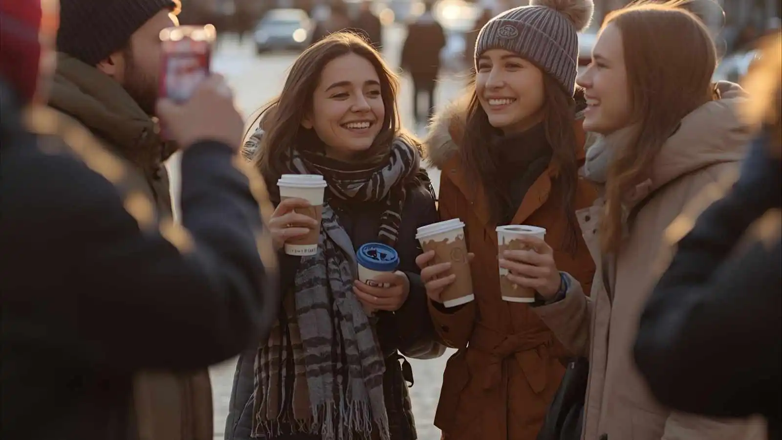Friends in warm coats laughing on a snowy city street while taking Instagram photos.